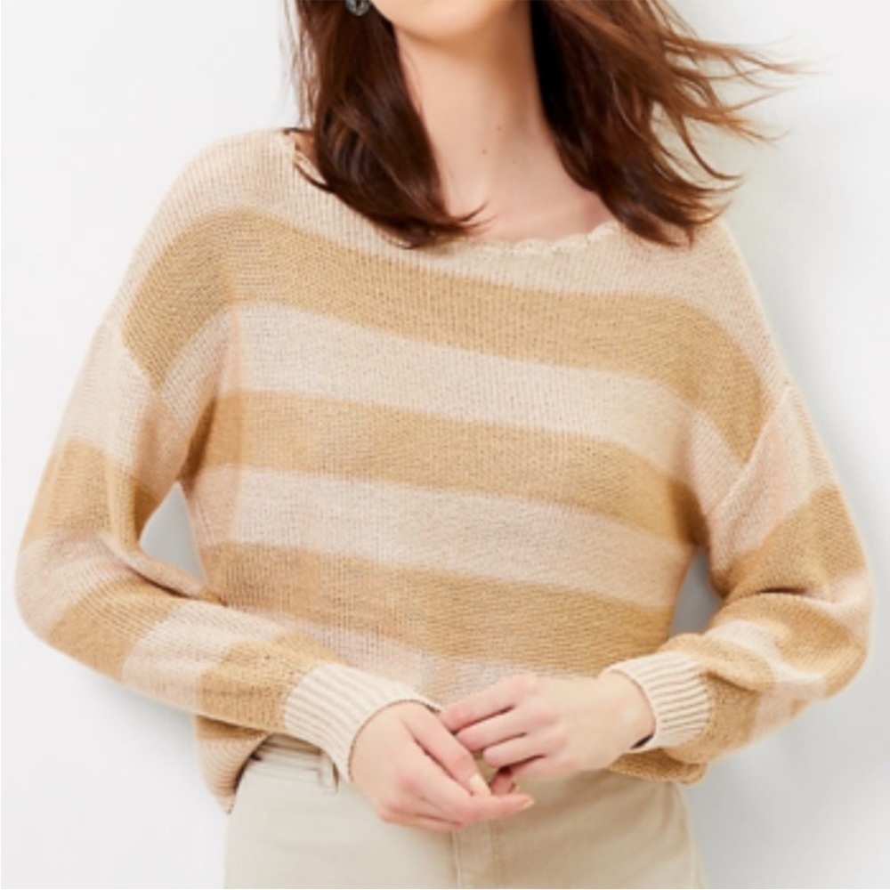 LOFT Cream and Tan Striped Knit Scalloped Knit Sweater Size XL